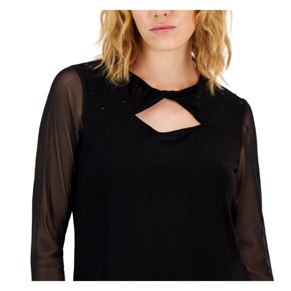 Nine West Women's Black Knit Top With Sheer Sleeves & Keyhole Detail Size M - Picture 1 of 7